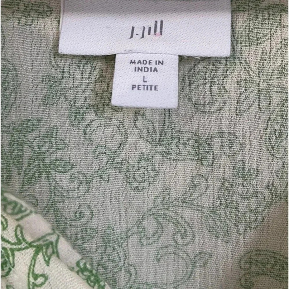 J.Jill Shirt Blouse Green Cream Blue Tassel Size Large Petite LP - Picture 2 of 5